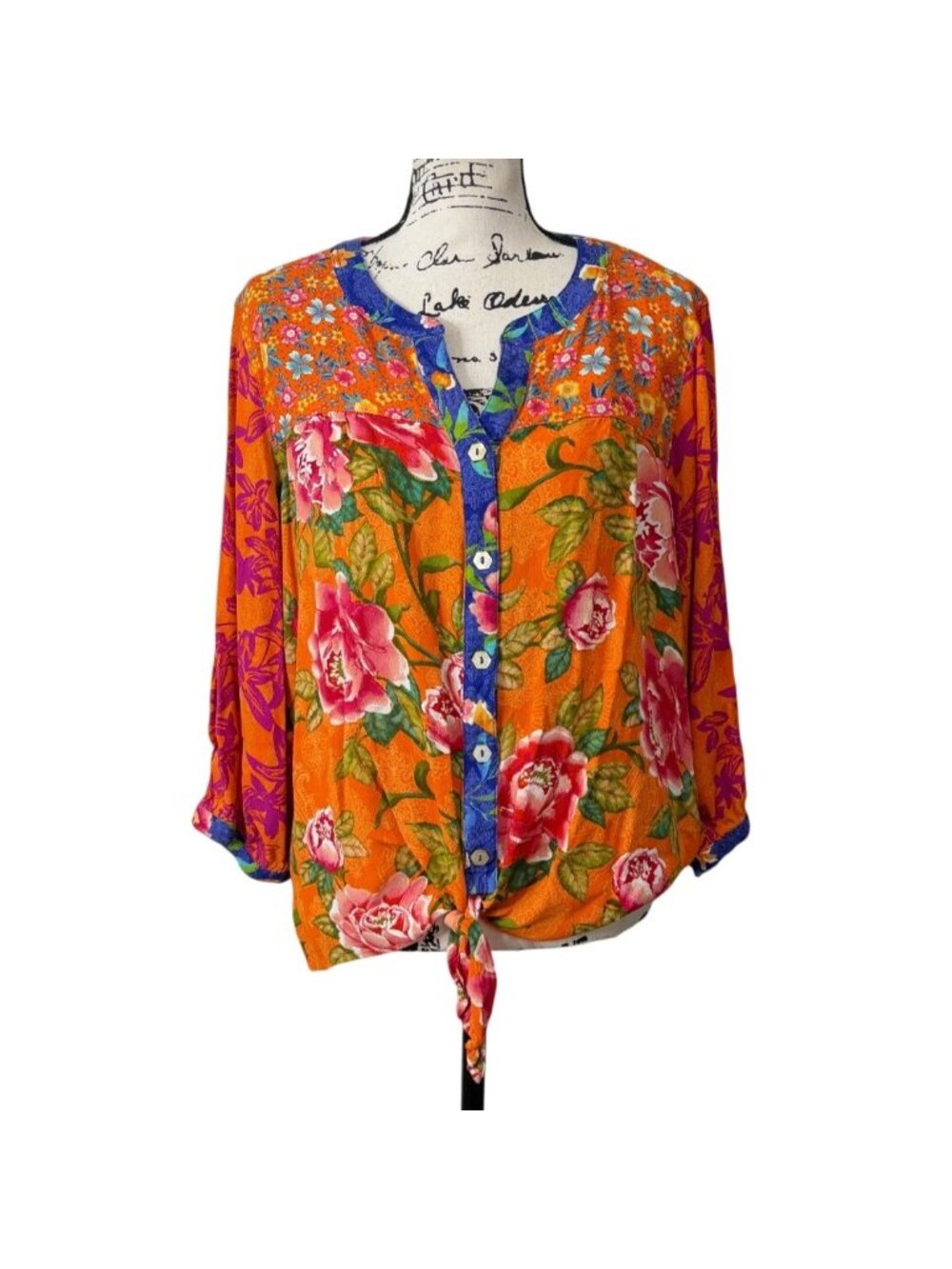 John Mark Womens Size 1X Top Floral Tie-Front Blouse Orange & Pink Print